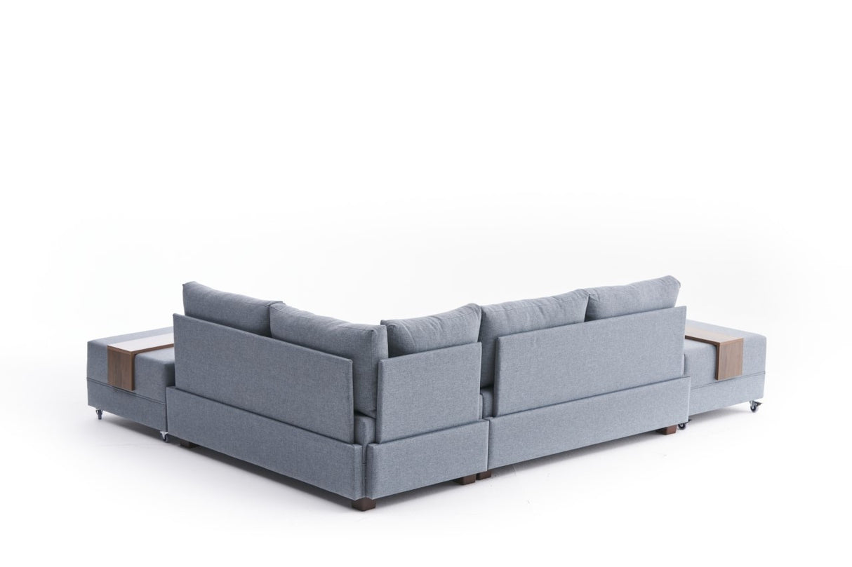 Corner sofa with sleeping function on the right fly blue