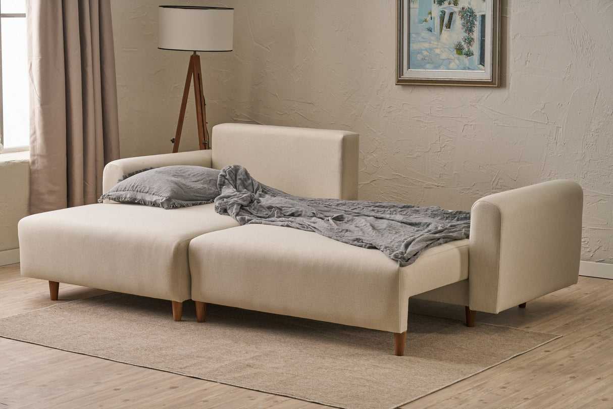 Corner sofa with sleeping function on the left mane cream