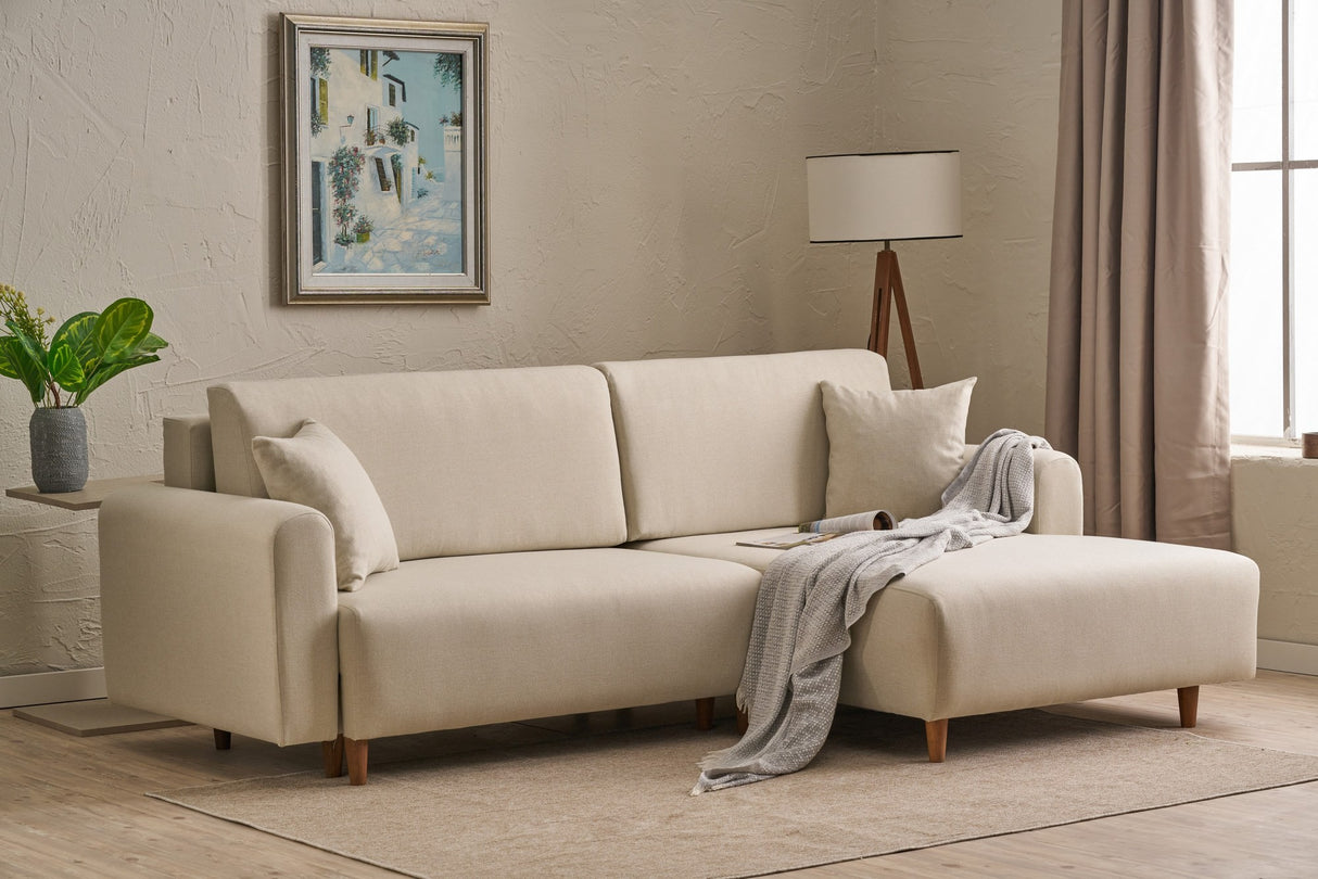 Corner sofa with sleeping function on the right mane cream