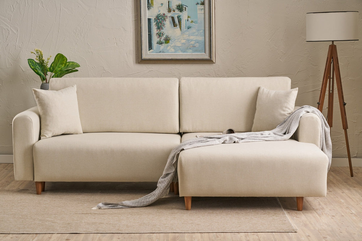 Corner sofa with sleeping function on the right mane cream