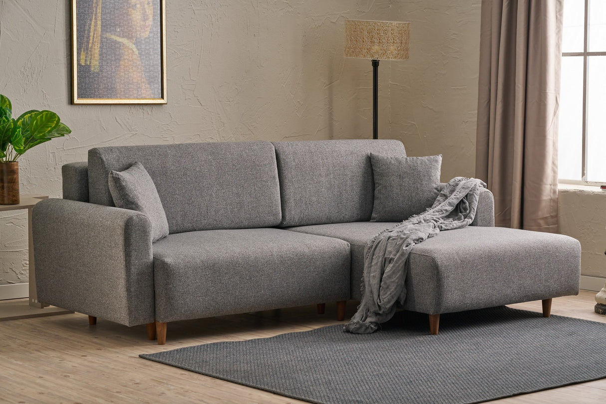 Corner sofa with sleeping function on the right man gray