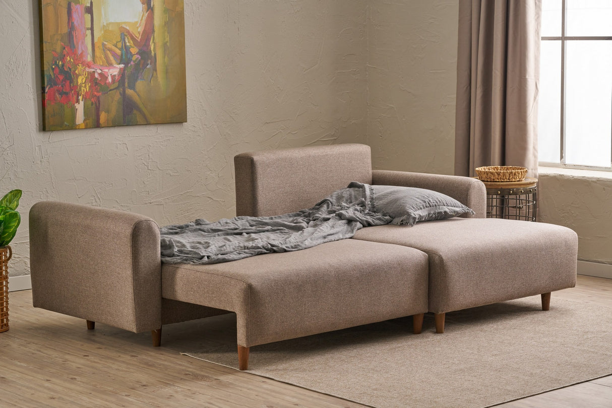 Corner sofa with sleeping function on the right mane brown