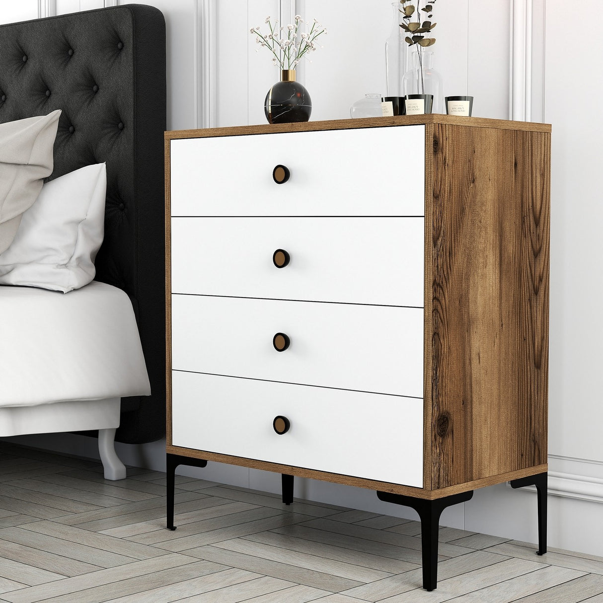 Chest of drawers Lizbon walnut white melamine 76x90.7x40 cm