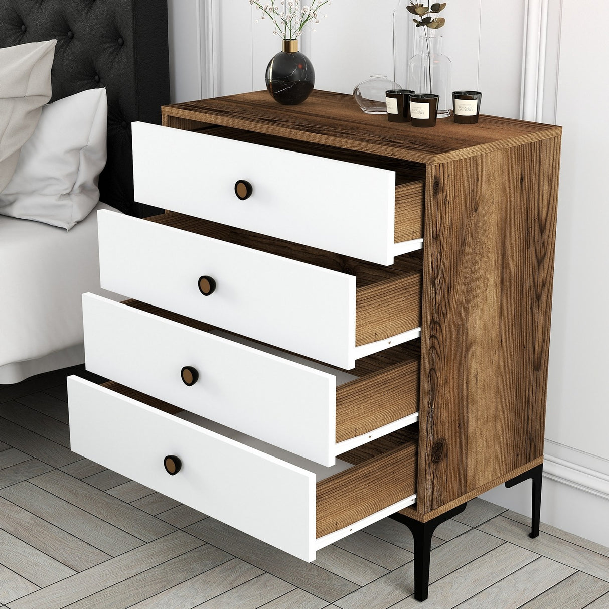 Chest of drawers Lizbon walnut white melamine 76x90.7x40 cm