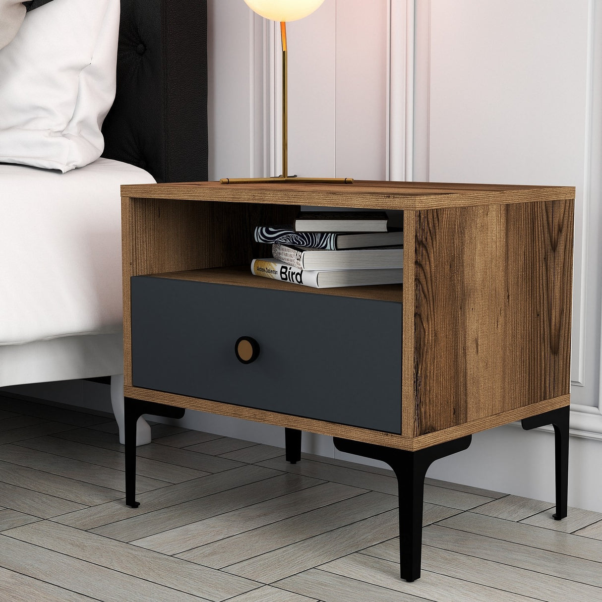 Bedside table Lizbon Walnut Anthracite Melamine 56x50.8x40 cm