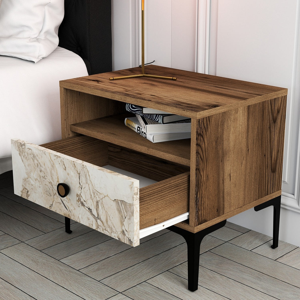 Bedside table Lizbon walnut white marble melamine 56x50.8x40 cm