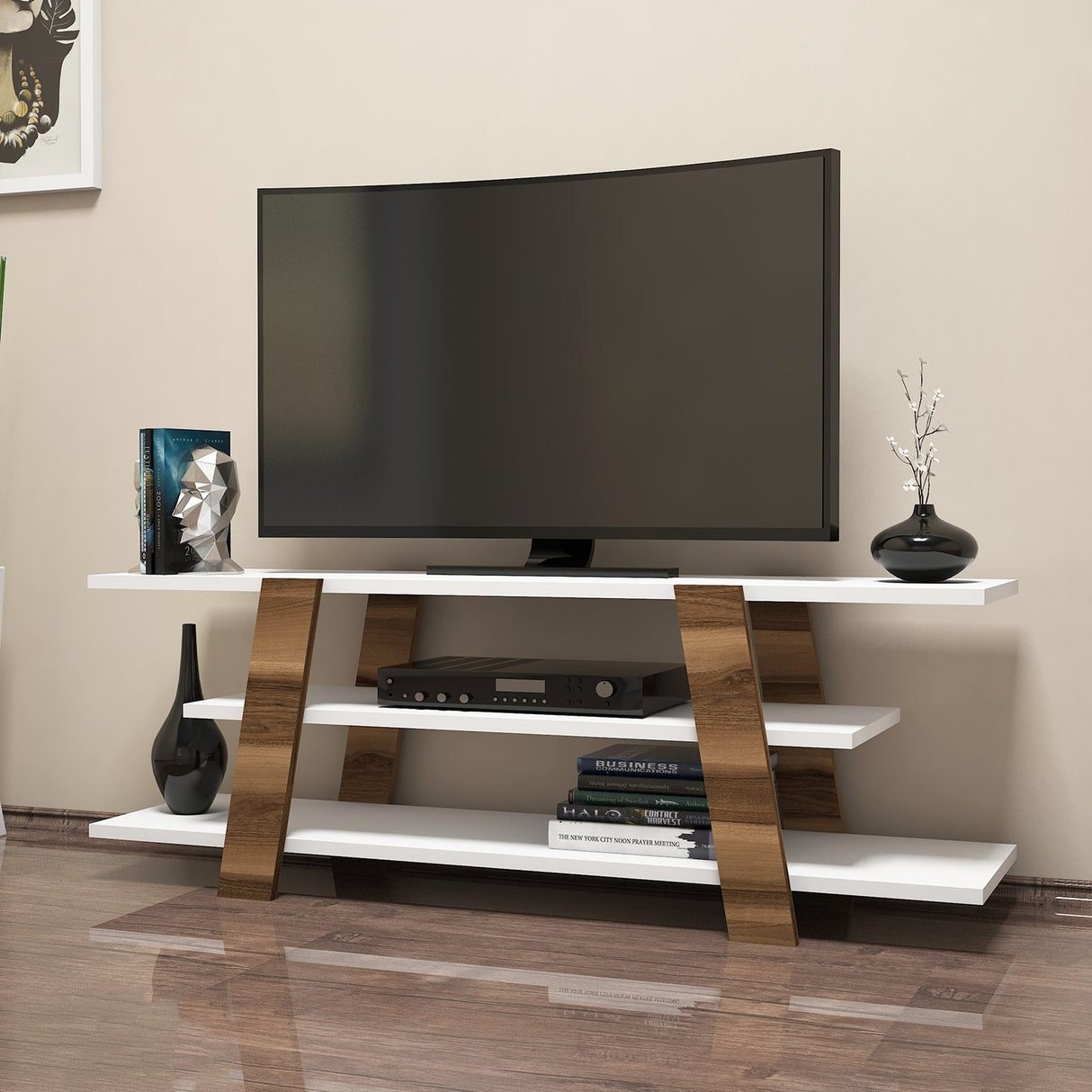 TV furniture flower walnut white melamine 120x42x33.6 cm