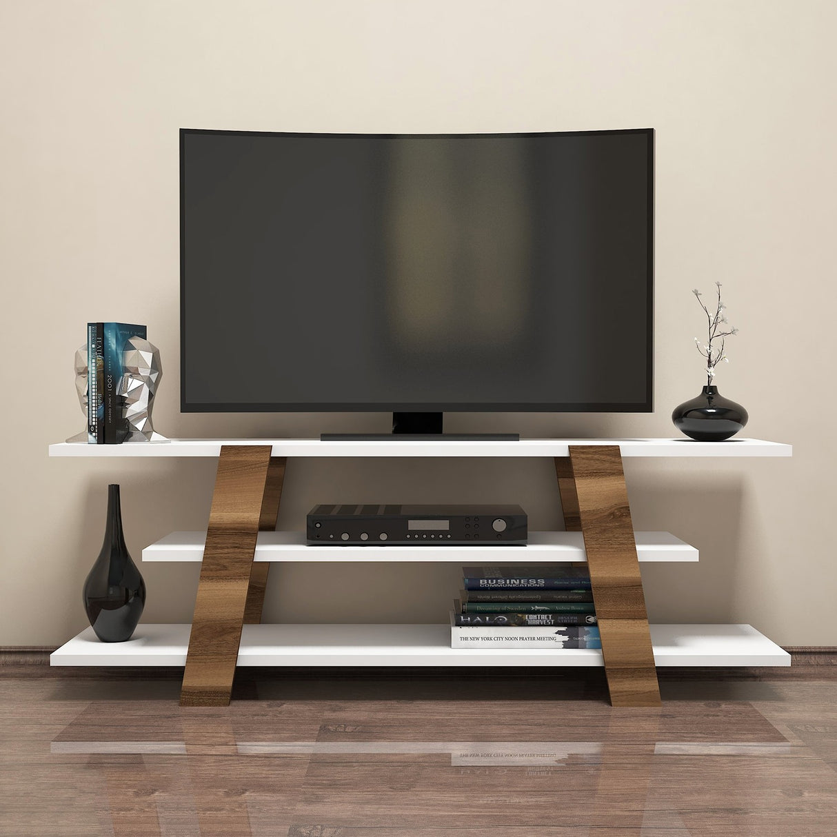 TV furniture flower walnut white melamine 120x42x33.6 cm