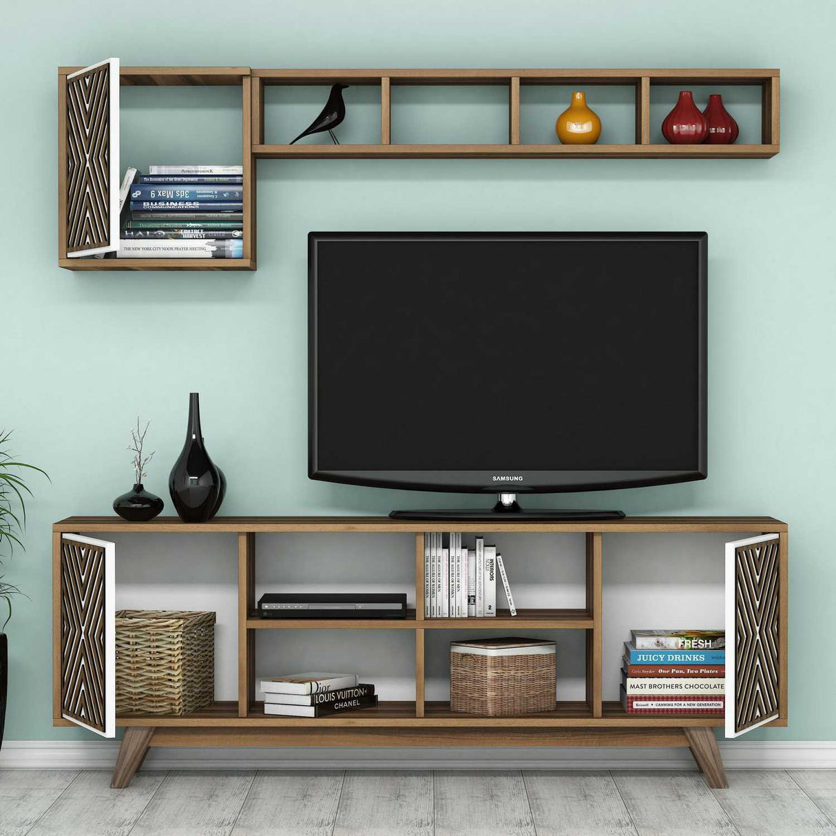 TV furniture set inci walnut white melamine 160x56.2x35 cm