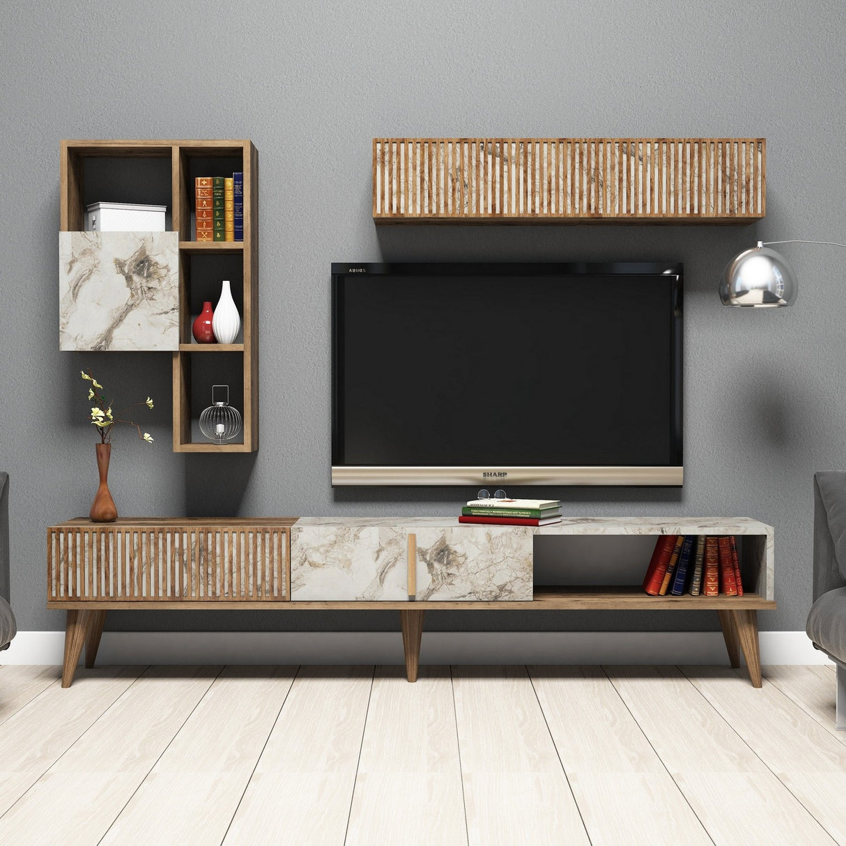 TV furniture set Milan Walnut White Marble Melamine 180x40x35 cm