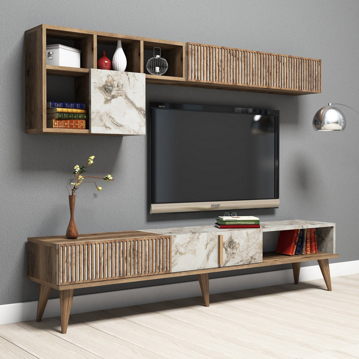 TV furniture set Milan Walnut White Marble Melamine 180x40x35 cm