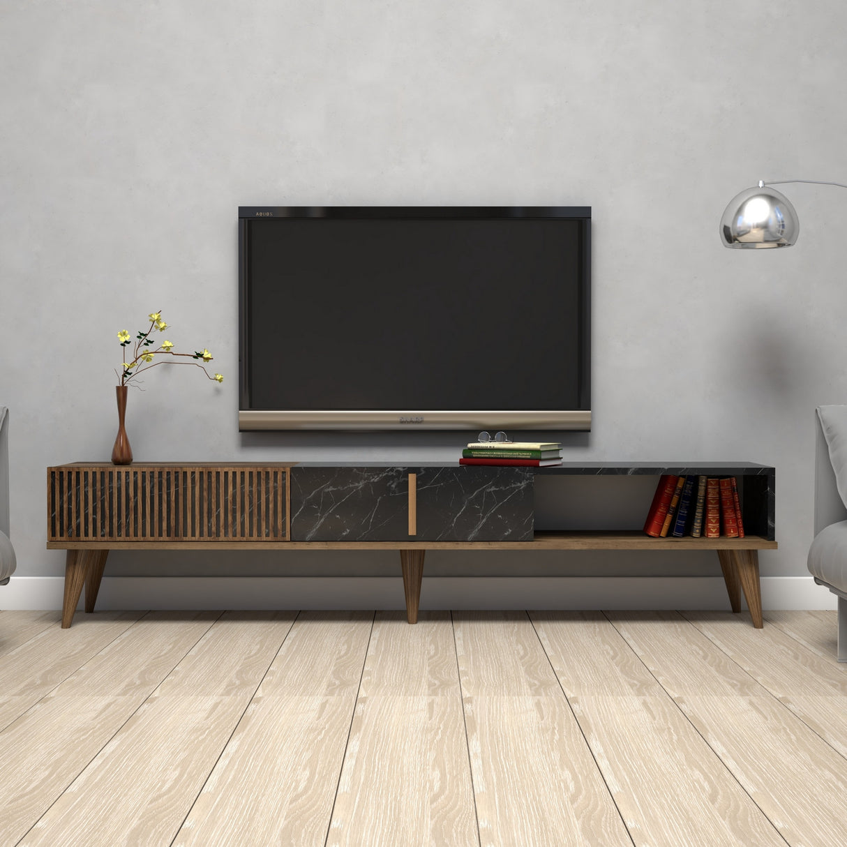 TV Furniture Milan Walnut Black Melamine 180x40x35 cm