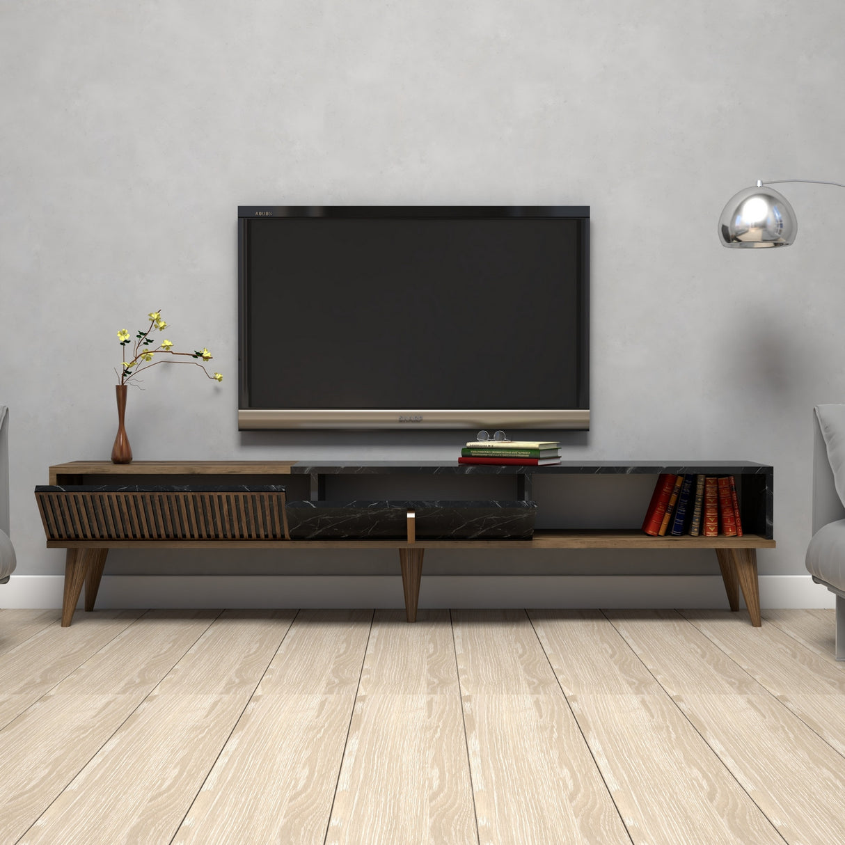 TV Furniture Milan Walnut Black Melamine 180x40x35 cm