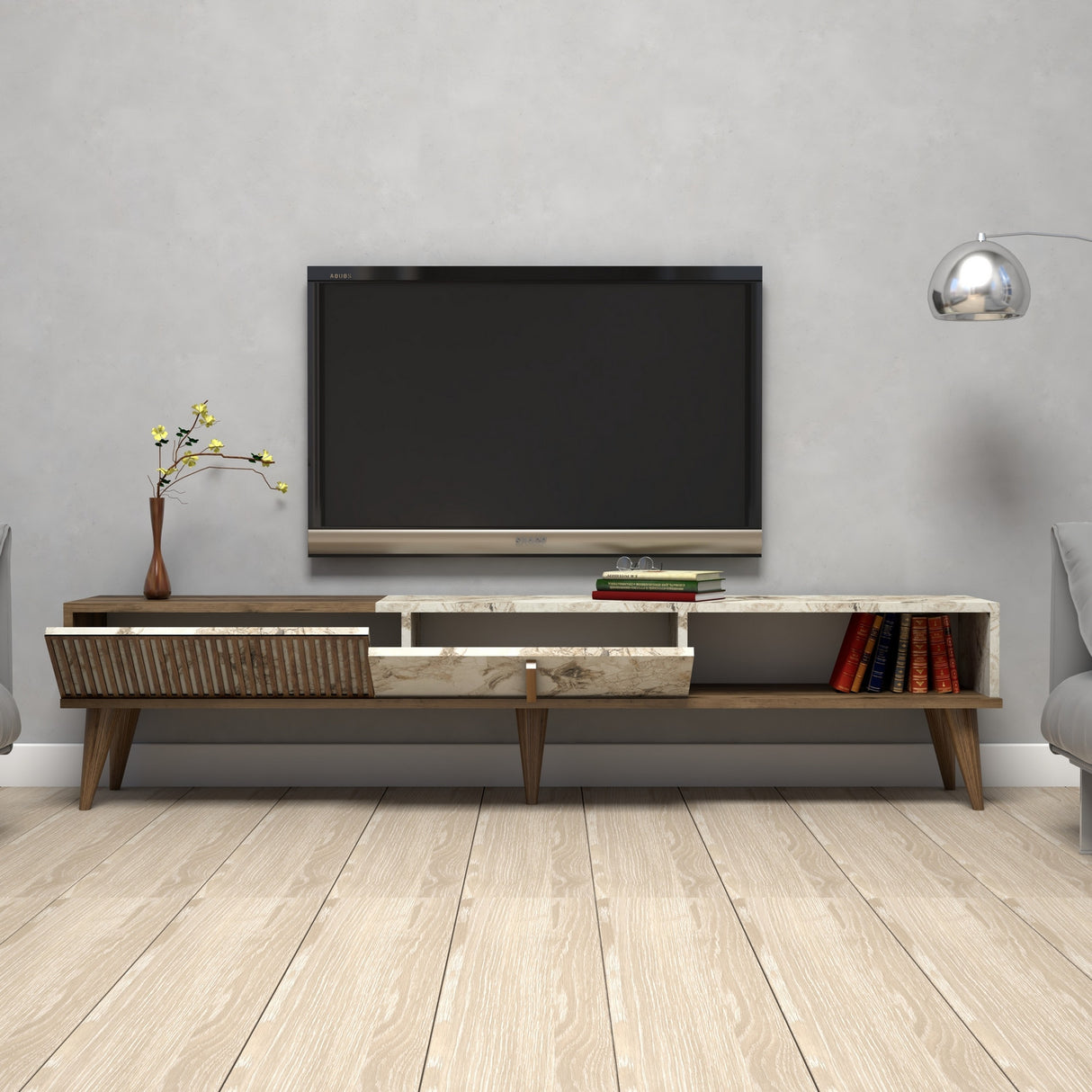 TV Furniture Milan Walnut White Marble Melamine 180x40x35 cm