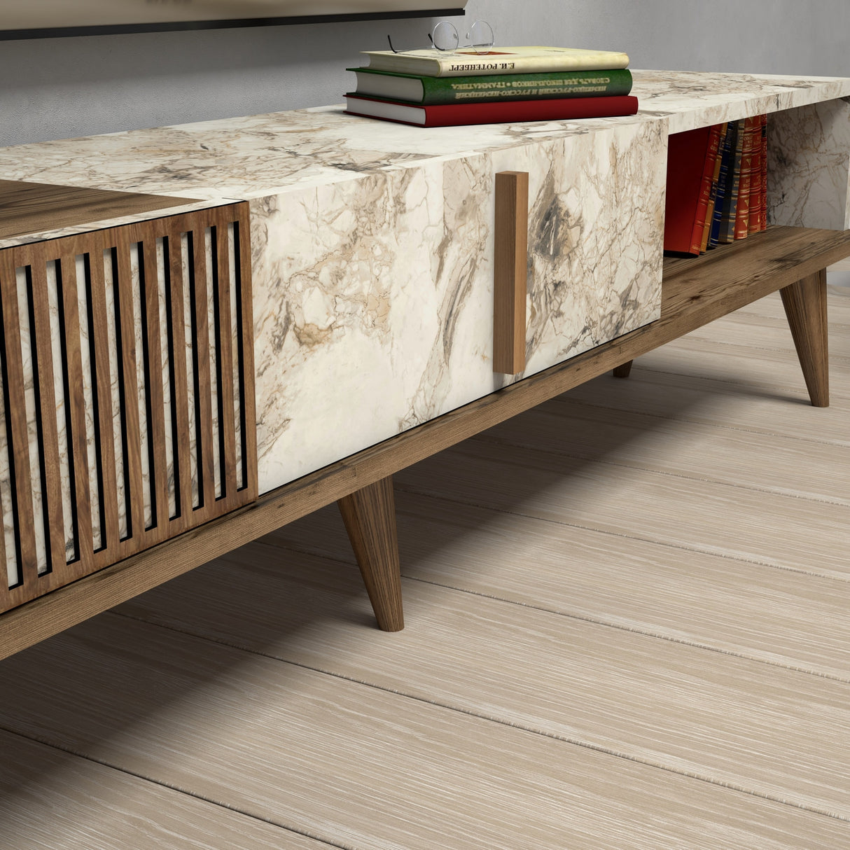 TV Furniture Milan Walnut White Marble Melamine 180x40x35 cm