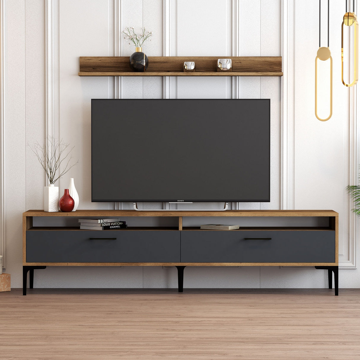 TV furniture set istanbul walnut anthracite melamine 180x47x35 cm