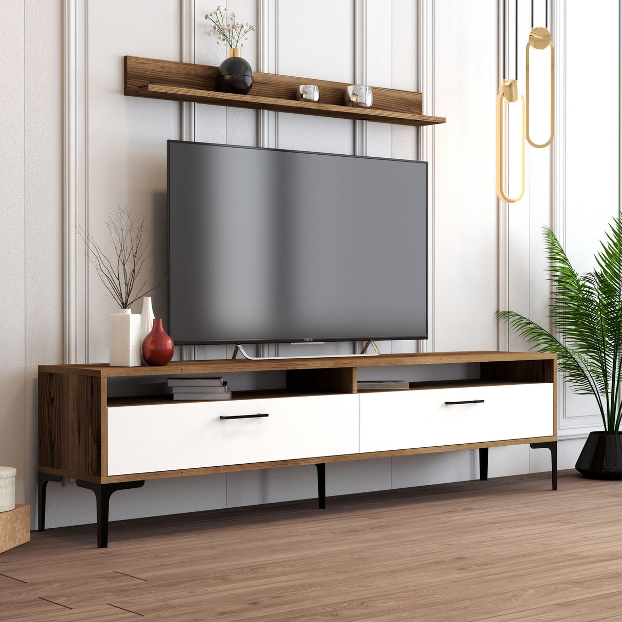 TV furniture set istanbul walnut white melamine 180x47x35 cm