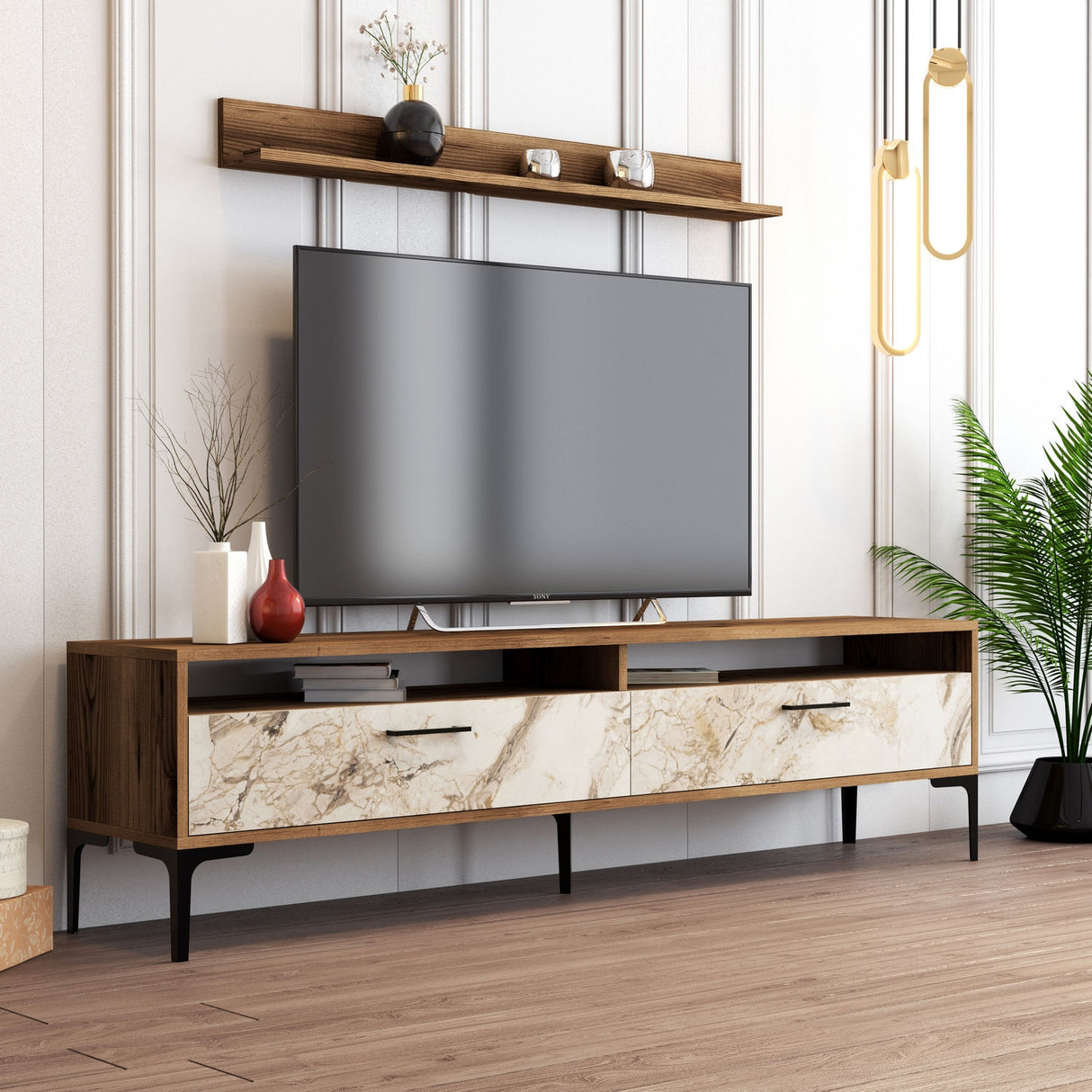 TV furniture set istanbul walnut white marble melamine 180x47x35 cm