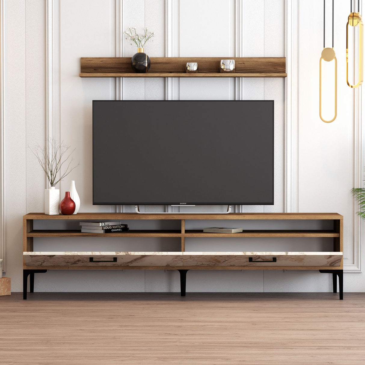 TV furniture set istanbul walnut white marble melamine 180x47x35 cm