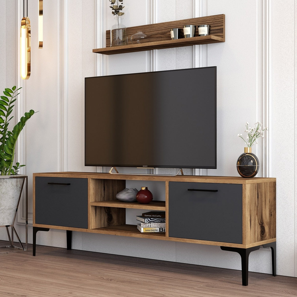 TV furniture set riga walnut anthracite melamine 140x48x30 cm