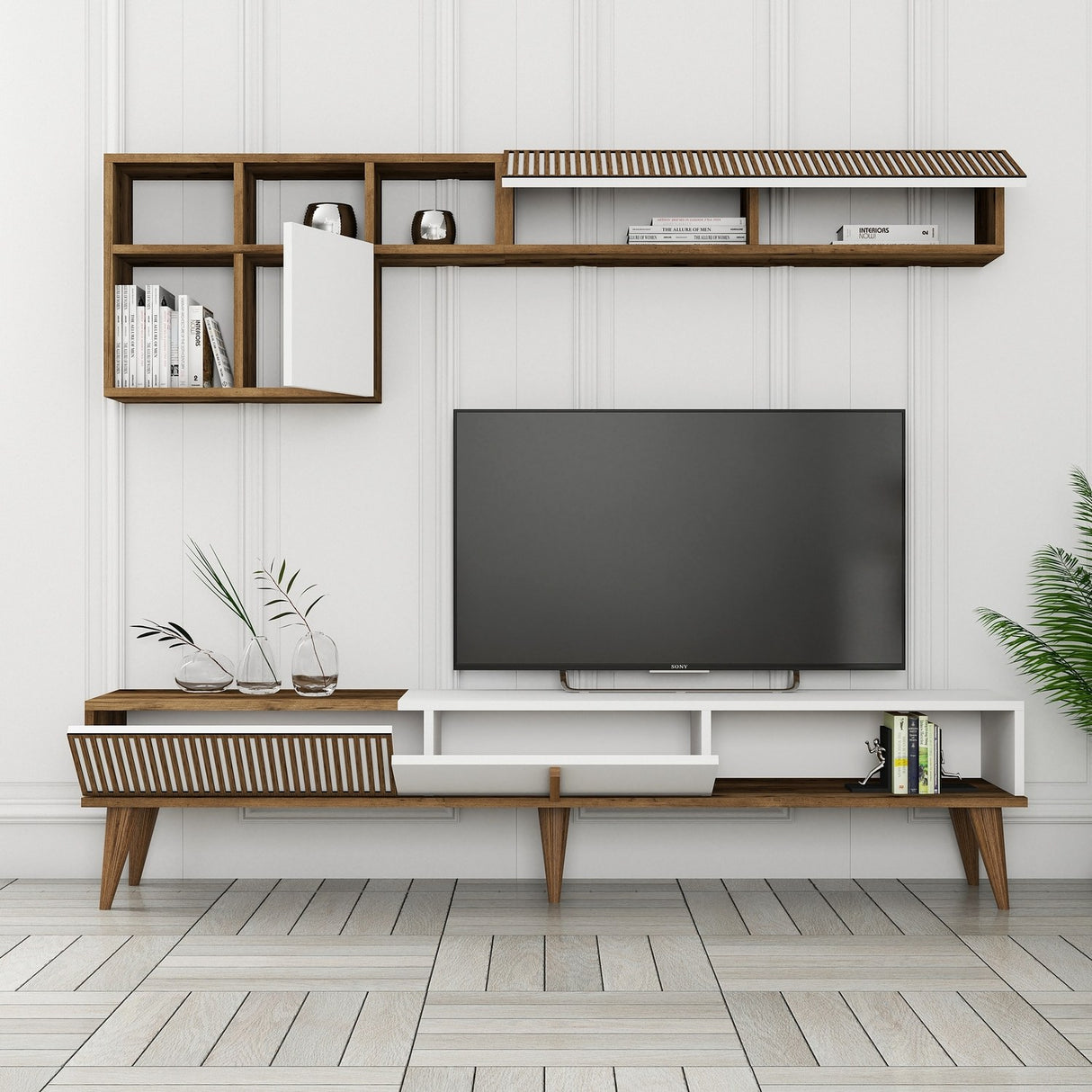 TV Furniture Set Milan TV Walnut White Melamine 180x40x35 cm