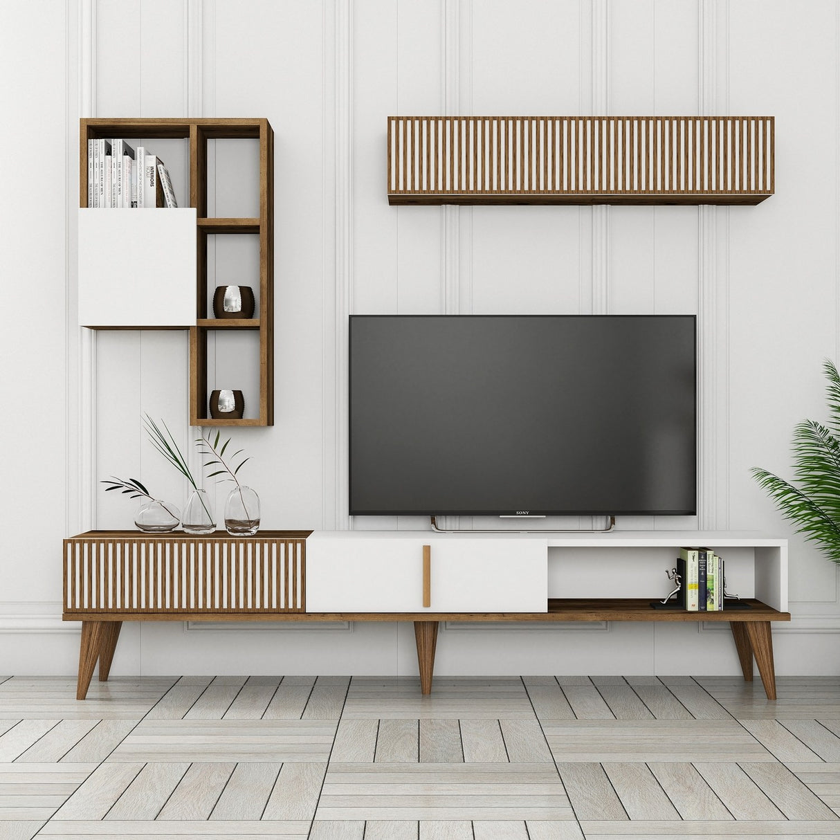 TV Furniture Set Milan TV Walnut White Melamine 180x40x35 cm