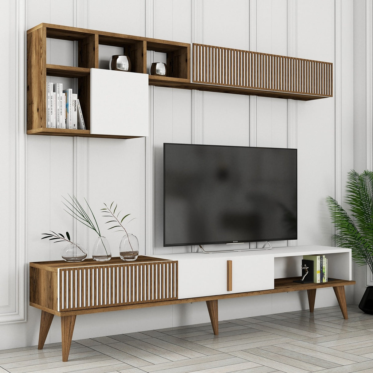 TV Furniture Set Milan TV Walnut White Melamine 180x40x35 cm