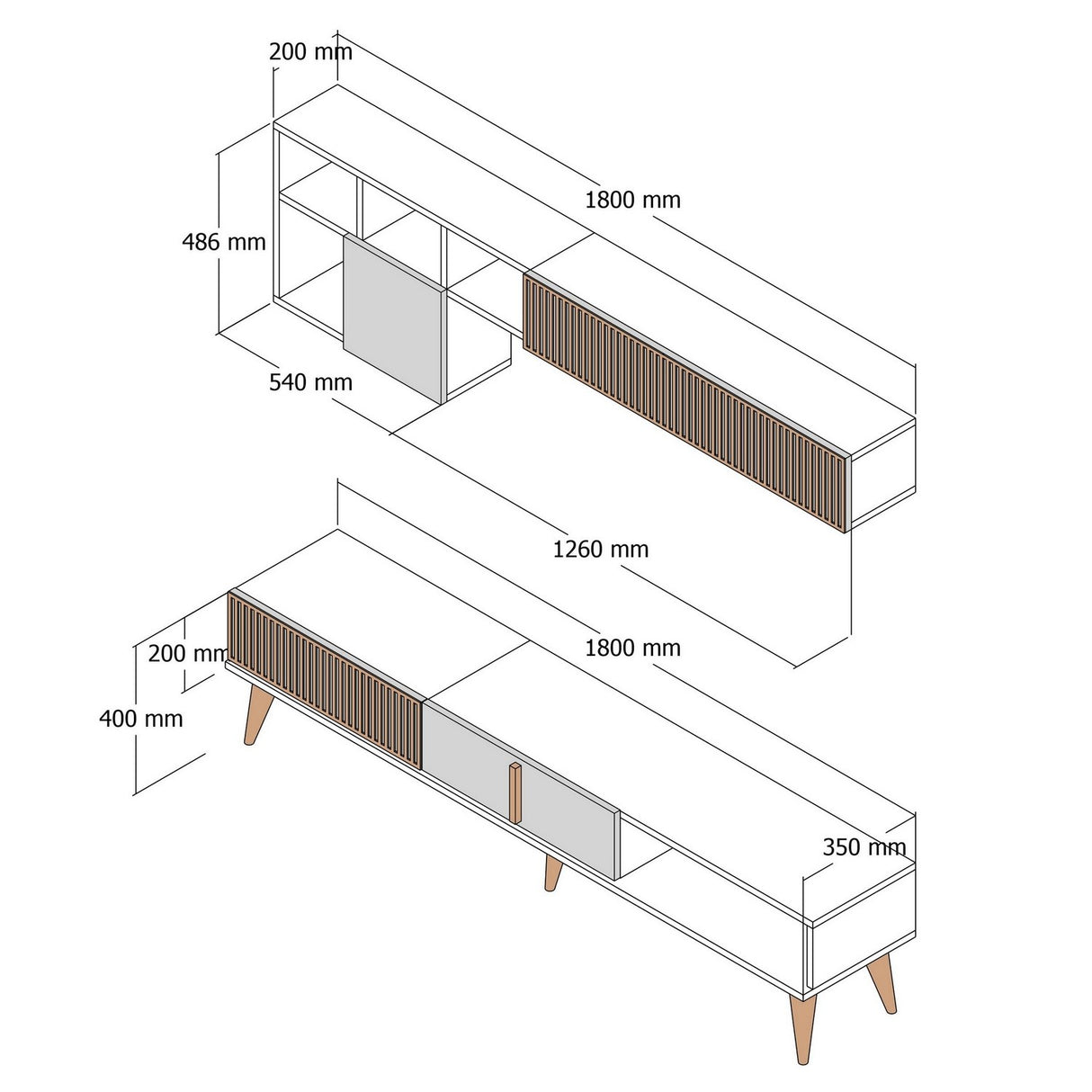 TV Furniture Set Milan TV Walnut White Melamine 180x40x35 cm