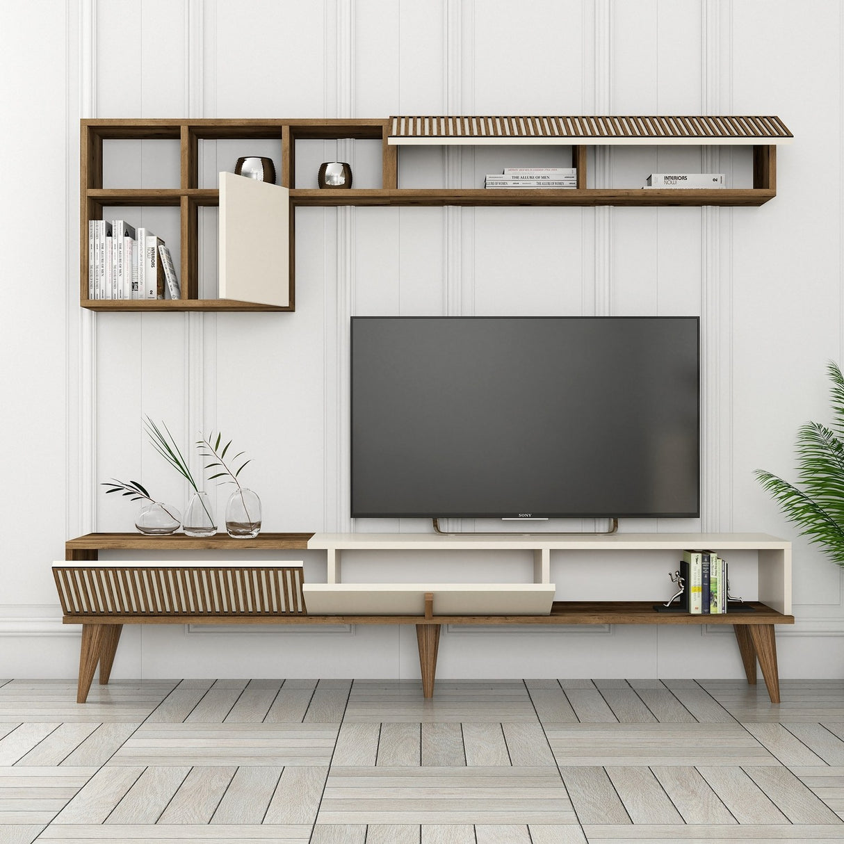 TV furniture set Milan TV Walnut Crème Melamine 180x40x35 cm