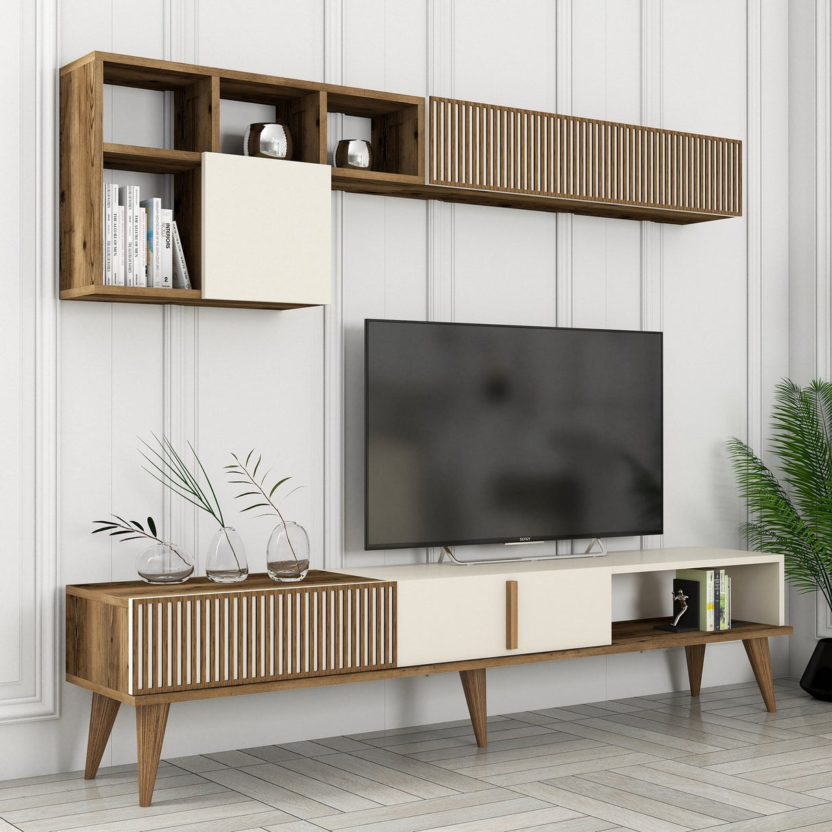 TV furniture set Milan TV Walnut Crème Melamine 180x40x35 cm