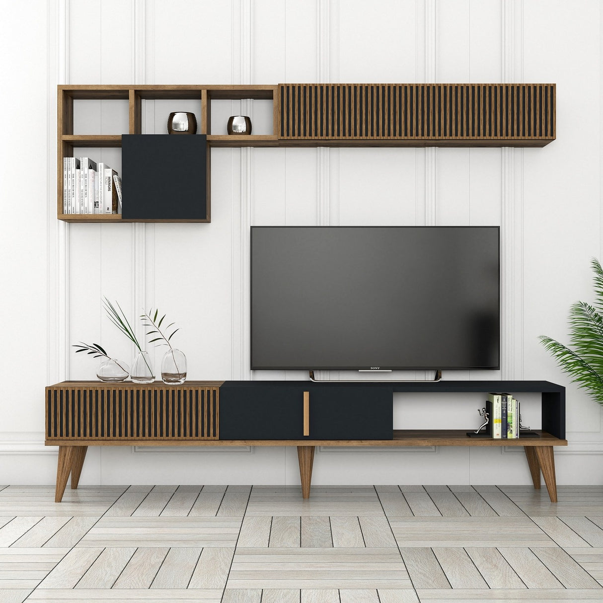 TV furniture set Milan TV Walnut Anthracite Melamine 180x40x35 cm