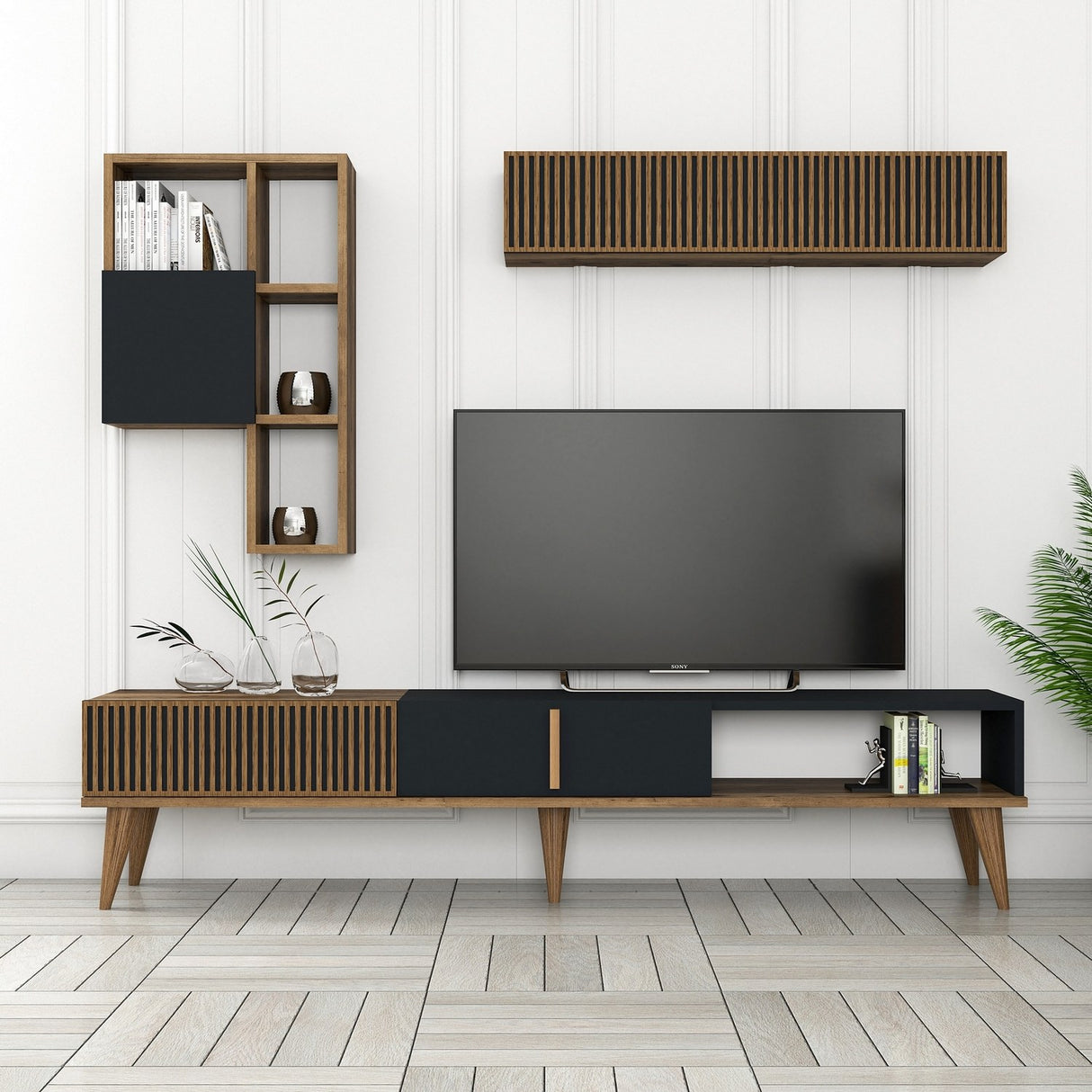 TV furniture set Milan TV Walnut Anthracite Melamine 180x40x35 cm