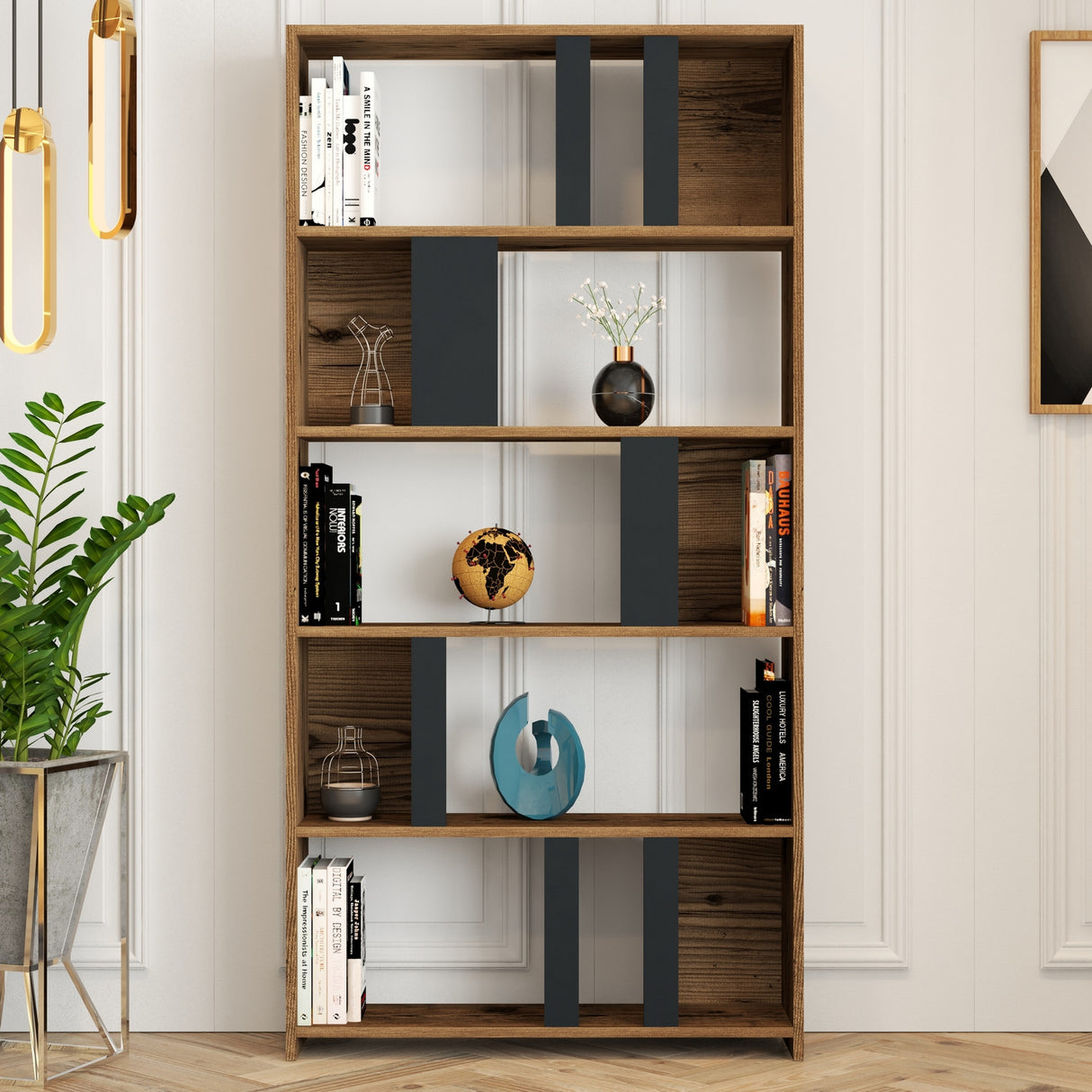 Bookcase Lima Walnut Anthracite Melamine 90x180x20 cm