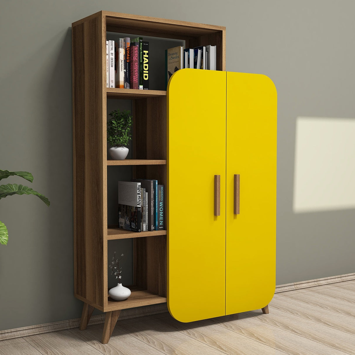 Bookcase Form Walnut Yellow Melamine 90x132x32 cm