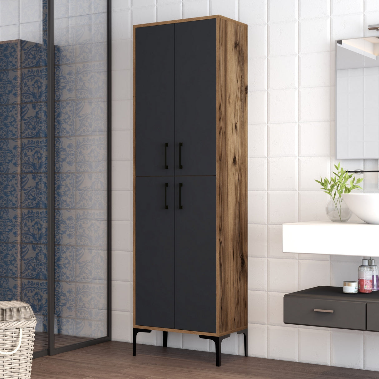 Wall cabinet Berlin Walnut Anthracite Melamine 60x200x35 cm