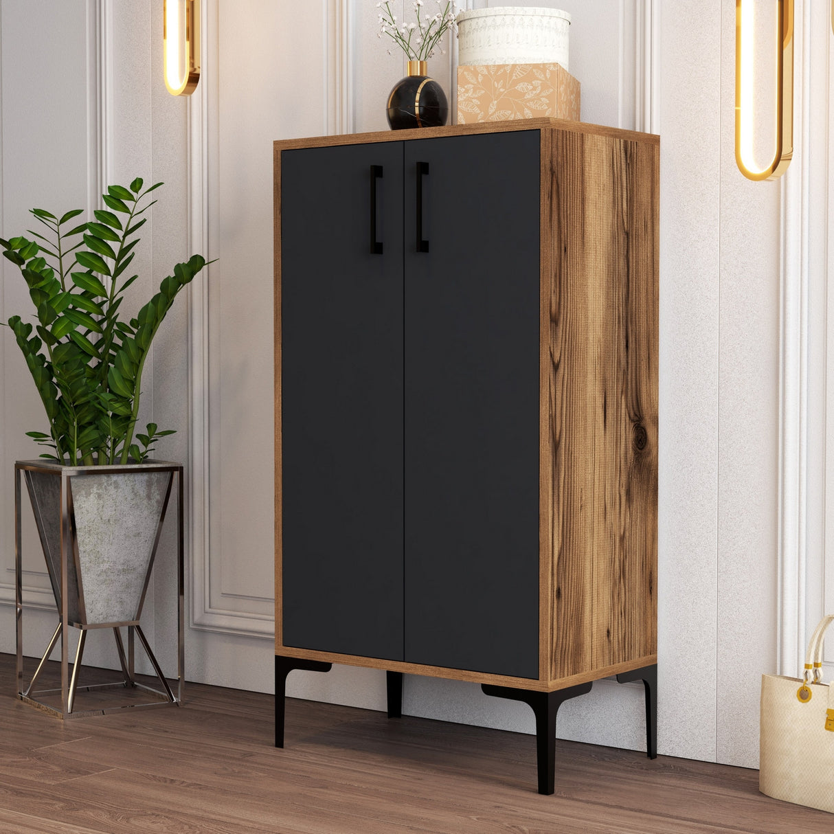 Shoe cabinet Prag Walnut Anthracite Melamine 60x111x35 cm