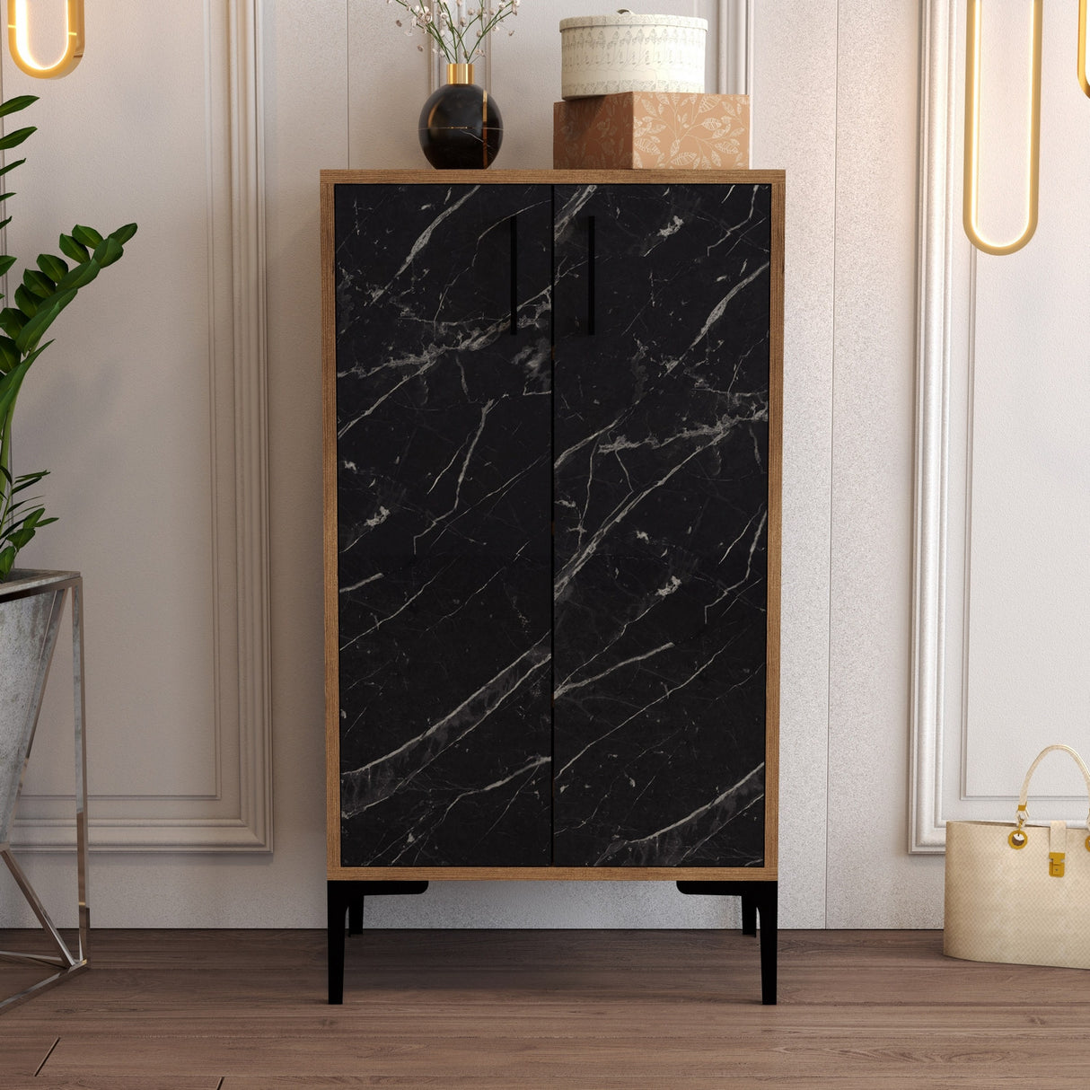 Shoe cabinet Prag Walnut Black Melamine 60x111X35 cm