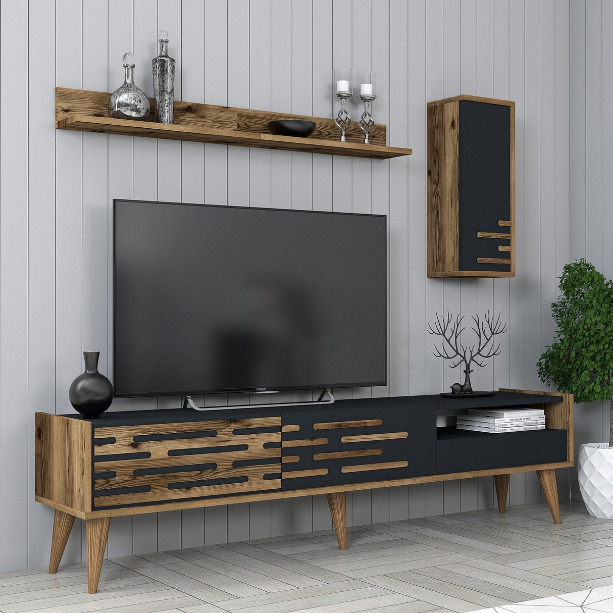 TV furniture set Valsiya Walnut Anthracite Melamine 180x35x45 cm