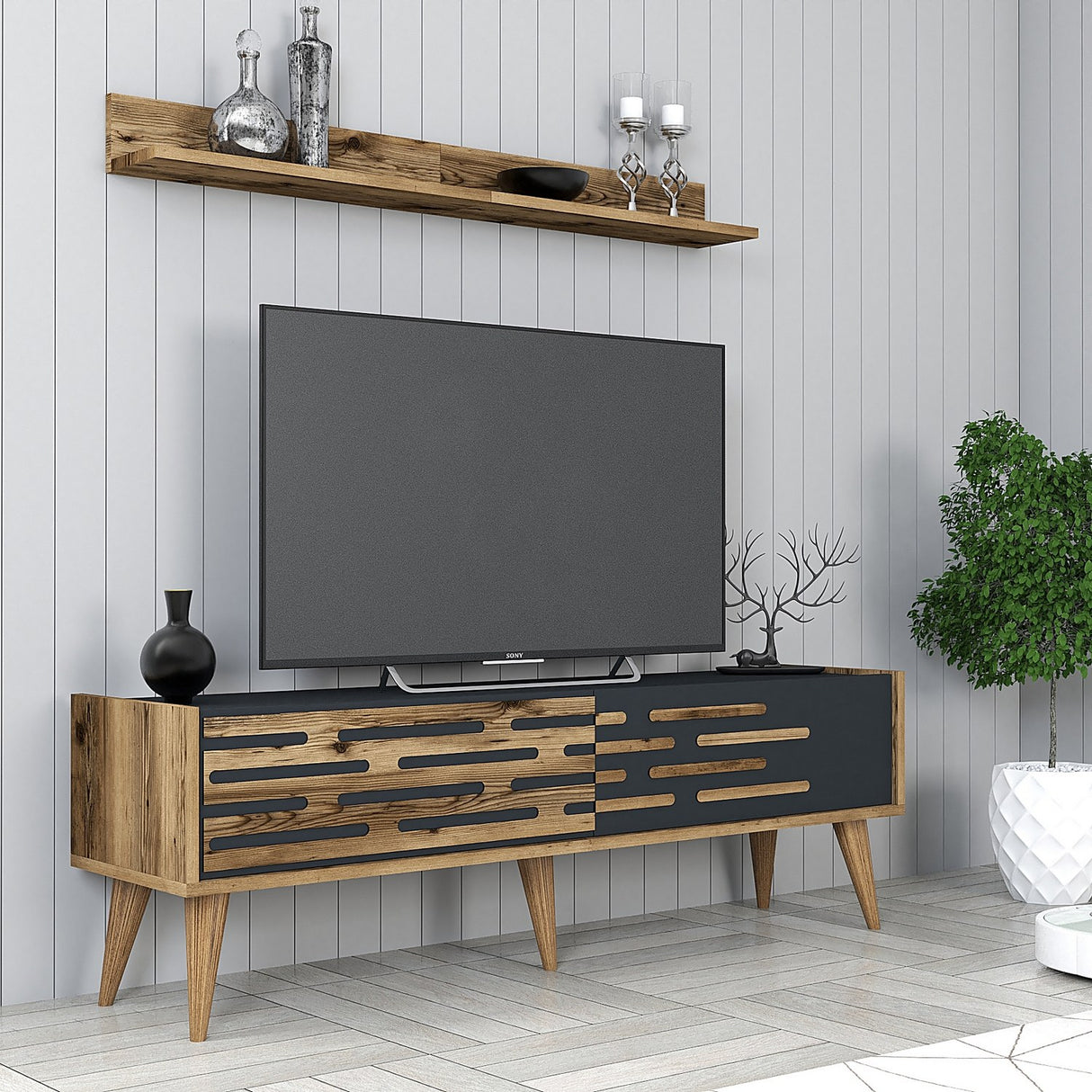 TV furniture set Valsiya Walnut Anthracite Melamine 140x35x45 cm