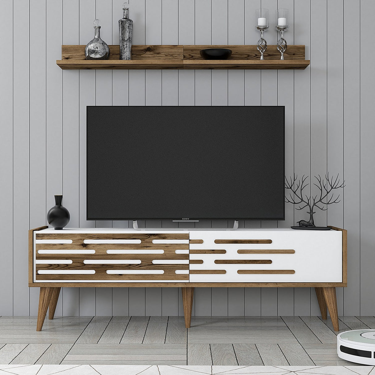 TV furniture set Valsiya walnut white melamine 140x35x45 cm