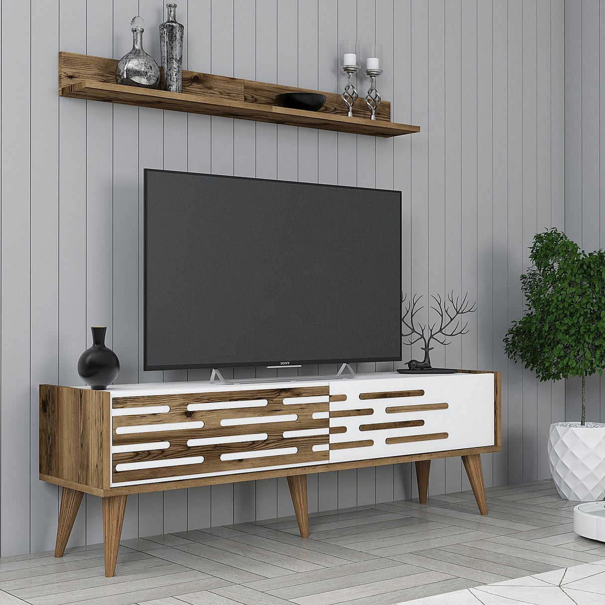 TV furniture set Valsiya walnut white melamine 140x35x45 cm