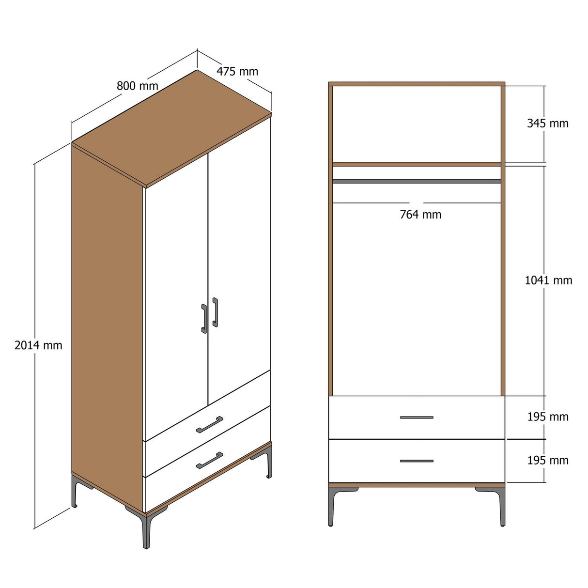 Wardrobe Kumsal T Walnut White Melamine 80x47.5x201.4 cm