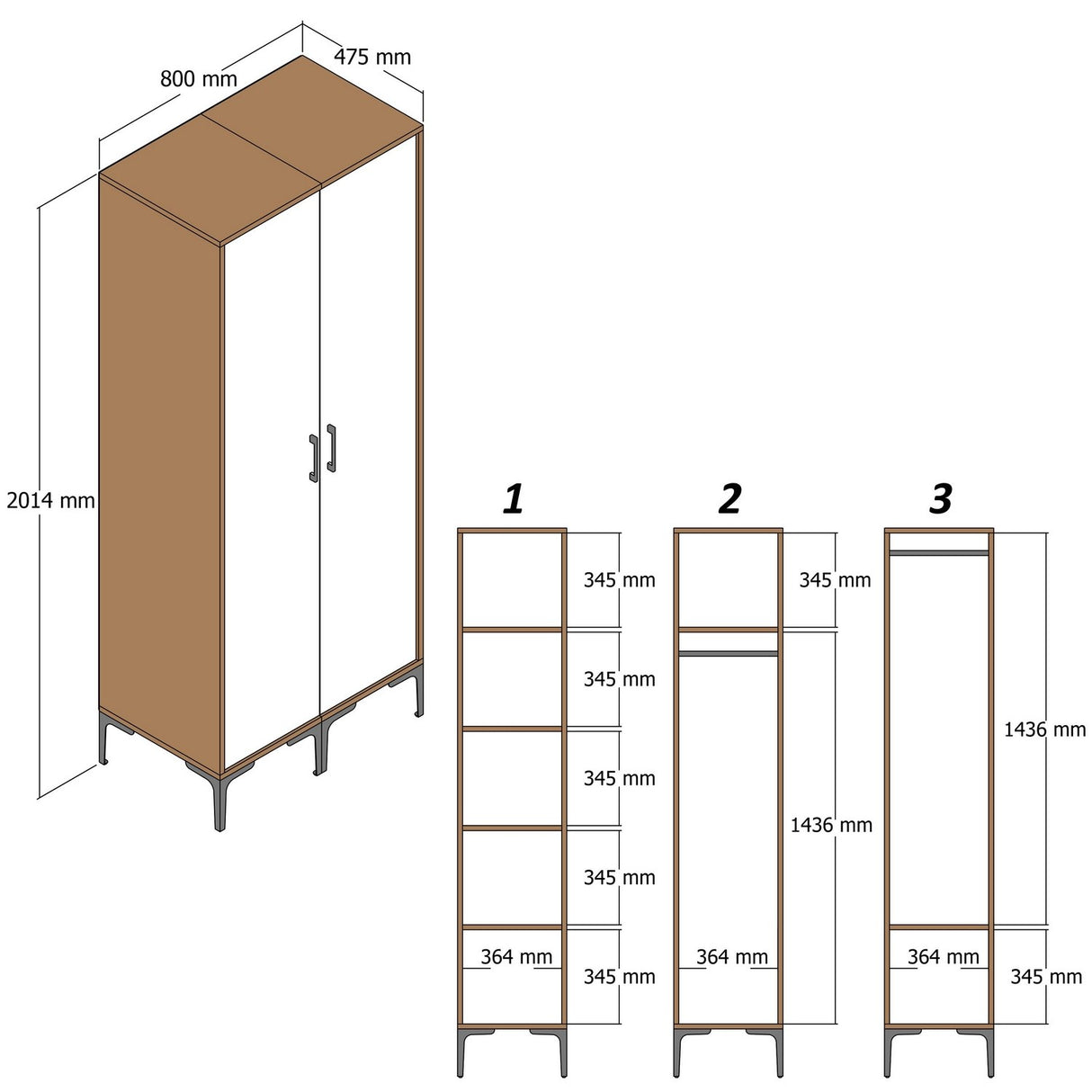 Wardrobe Kumsal PR Walnut Anthracite Melamine 80x47.5x201.4 cm