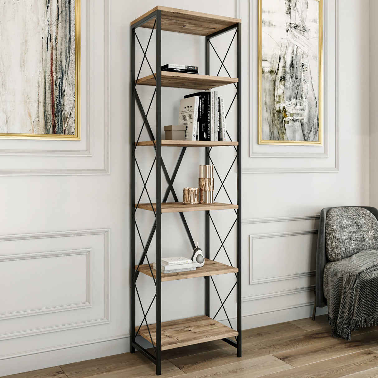 Bookcase Suadiye Atlantic Pine Black Melamine 50x180x30 cm