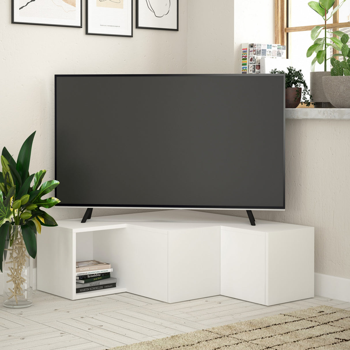 TV furniture Compact White Melamine 90x32x92 cm