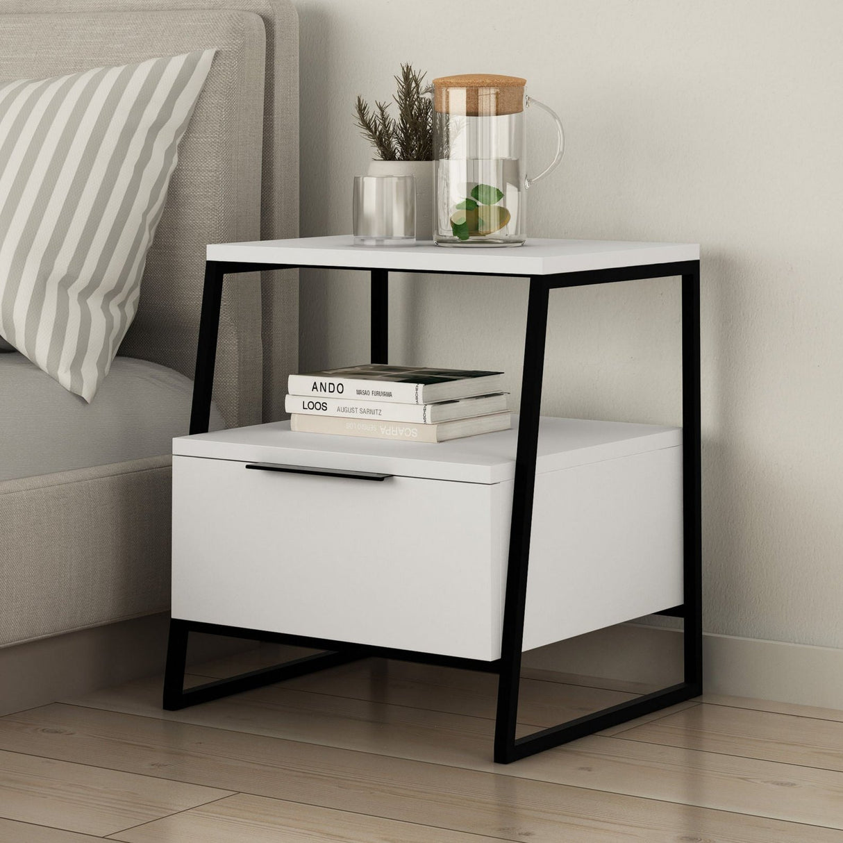 Bedside table Pal white black melamine 45x50x41 cm