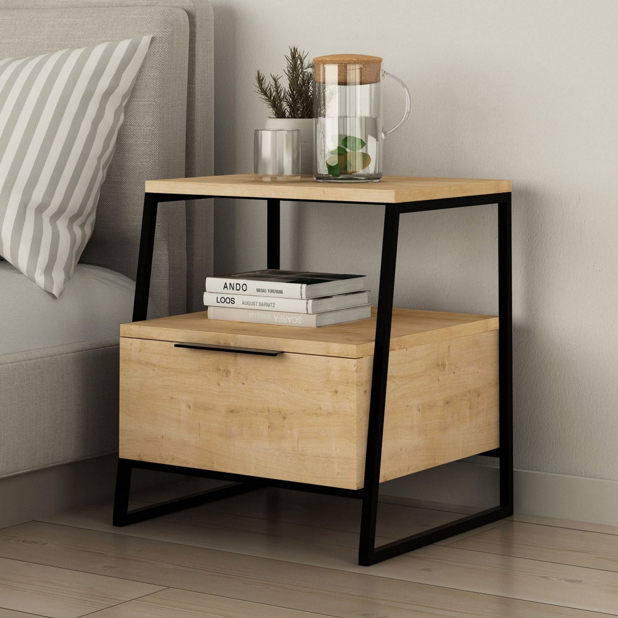 Bedside table pal oak black melamine 45x50x41 cm