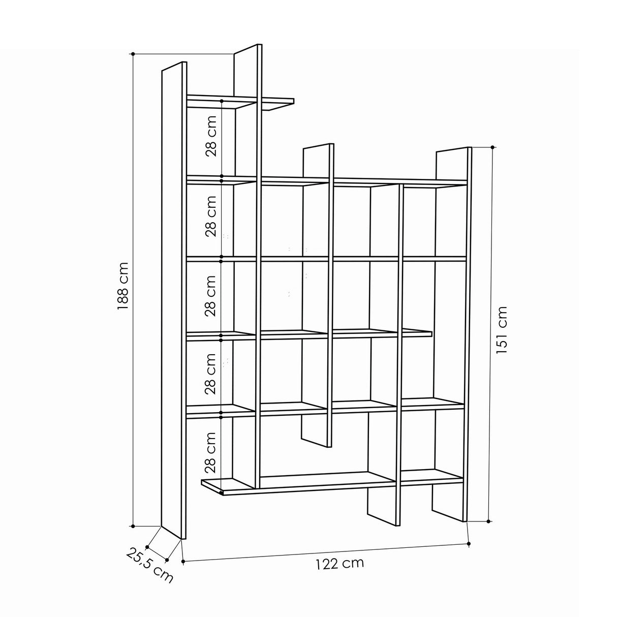 Bookcase for mash white melamine 122x188x25.5 cm