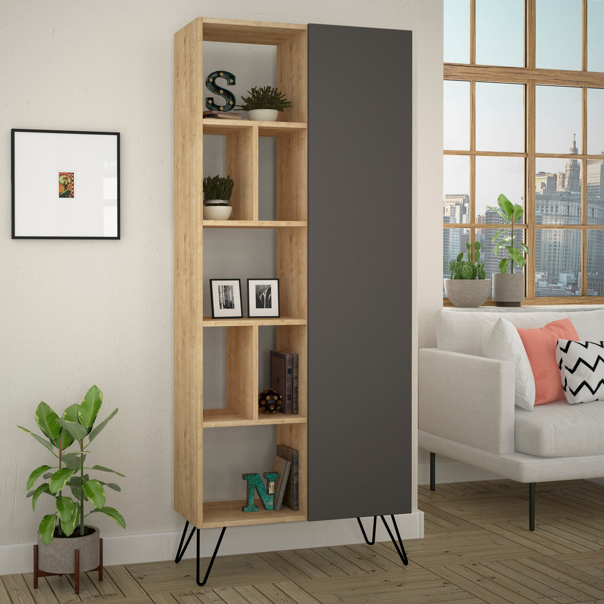 Bookcase Jedda Oak Anthracite Melamine 79x190x32 cm