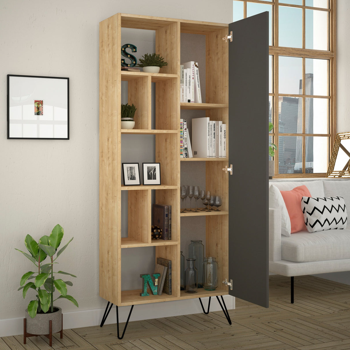 Bookcase Jedda Oak Anthracite Melamine 79x190x32 cm